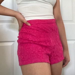 F21 hot pink lace zip up shorts